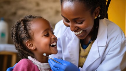 Happy female dentist examining a young girl's teeth.
