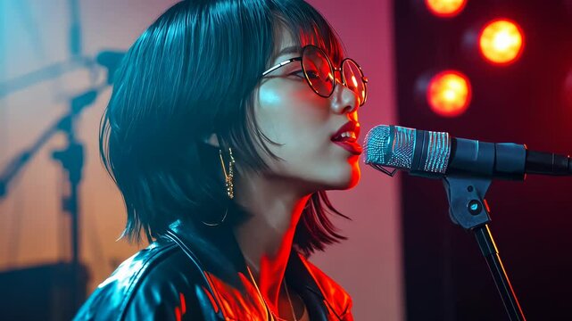 A young Asian female singer passionately performs on stage, her sleek black hair framing her face, wearing glasses and a leather jacket. The vibrant lights create an energetic atmosphere, enhancing