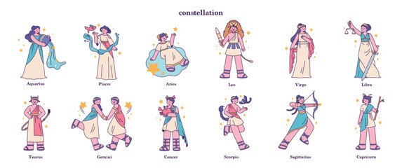 Fototapeta premium 12 zodiac signs for each month. A cartoonish illustration depicting the constellations as people.