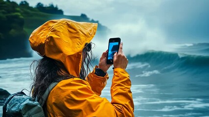 A young woman wearing a bright yellow rain jacket stands by stormy ocean waves. She focuses on her phone, capturing the dramatic scene during a cloudy day, evoking a sense of adventure and connection
