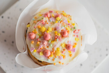  Easter Baking. cake with sugar decorations.Easter festive traditional baking.Easter food.Spring...