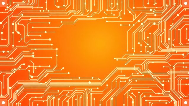 a computer circuit board with orange background and a yellow center, 
