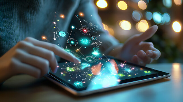 A person is using a tablet to interact with a colorful, animated image. generated using AI - Powered by Adobe