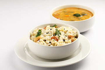 South Indian Food Ven Pongal Khara Pongal with Sambar popular breakfast food of Tamil Nadu festival Pongal Sankranti Diwali spicy pongal prepared with rice and lentil