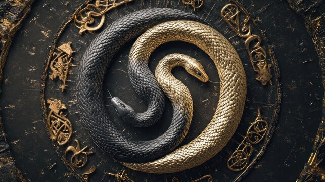 A pair of entwined snakes in a yin-yang formation, surrounded by mystical symbols on a dark background