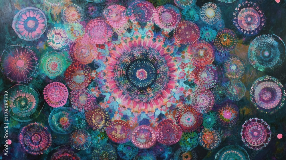 Poster vibrant abstract circular patterns in vivid colors creating a captivating visual display for artisti