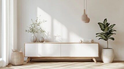 A Scandinavian-style bedroom with a sleek white storage cabinet and wooden accents.