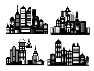 Naklejka premium Four distinct city skylines create a striking visual representation of urban landscapes, with varying architectural styles and building heights