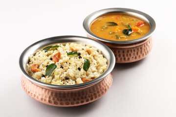 South Indian Food Ven Pongal Khara Pongal with Sambar popular breakfast food of Tamil Nadu festival Pongal Sankranti Diwali spicy pongal prepared with rice and lentil