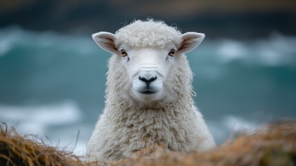 Fototapeta premium A close-up of a sheep with a serene expression against a blurred background.