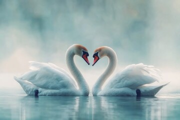 A pair of swans gliding gracefully on a still lake, forming a heart shape with their necks