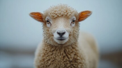 A close-up of a sheep with fluffy wool and expressive eyes against a soft background.