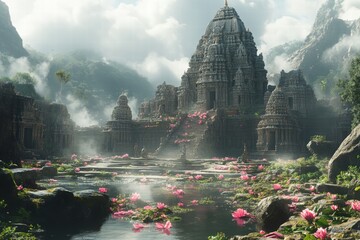 Ancient Hindu temple complex nestled amidst misty mountains with serene lotus ponds and lush greenery.