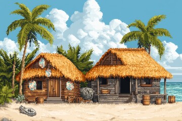 A pixel art version of a Guna Yala village, featuring colorful mola designs and tropical scenery in retro 8-bit style