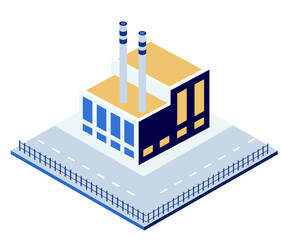 Isometric industrial factory building with smoking chimneys representing manufacturing, industry, and production concepts