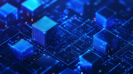 Futuristic 3D Render of a Digital Cube in a Neon Cyber Network, blue geometric background, minimalist design, wall paper