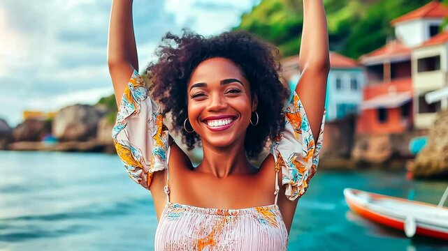 A young Black woman smiles broadly, raising her arms in joy as she enjoys a sunny day by the water. Her vibrant floral outfit reflects summer vibes, showcasing her carefree spirit.