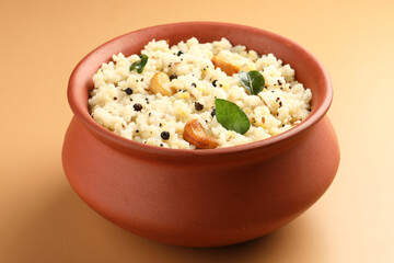 South Indian Food Ven Pongal Khara Pongal with Sambar popular breakfast food of Tamil Nadu festival Pongal Sankranti Diwali spicy pongal prepared with rice and lentil