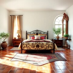 A beautifully decorated bedroom that combines elegance and warmth. Bed Frame. Flooring. Natural Light. Furniture. Plants. Ceiling

