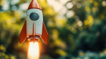 Retro rocket launching into a blurred green background.