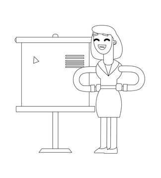 recommend clip art: Black and white line vector illustration, business woman character doing presentation, cute cartoon illustration