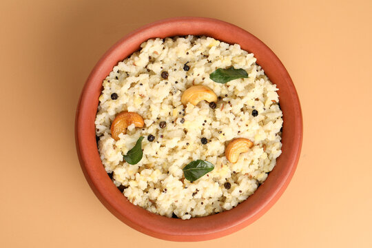 South Indian Food Ven Pongal Khara Pongal with Sambar popular breakfast food of Tamil Nadu festival Pongal Sankranti Diwali spicy pongal prepared with rice and lentil