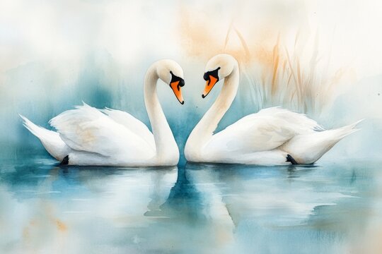 A soft watercolor painting of two swans floating on a calm lake, blending delicate blues and whites