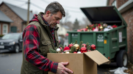 Disappointed man throws out Christmas decorations after holidays. Postholiday depression, january blues.