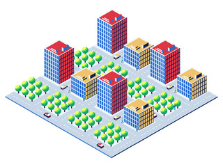 Isometric view of a city center with skyscrapers, cars, trees, and people walking, representing a modern urban environment
