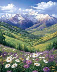 Fototapeta premium A vibrant mountain landscape with blooming flowers and snow-capped peaks under a blue sky.