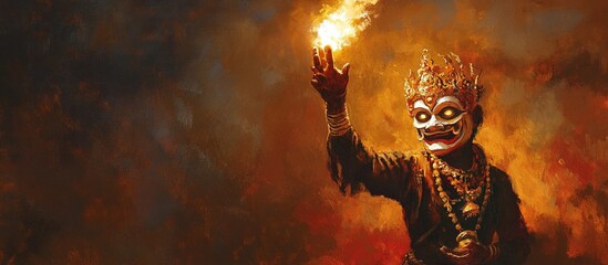 Masked person in traditional attire holds a flaming torch aloft.