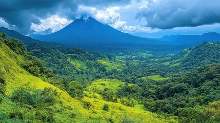 Fototapeta premium Lush green landscape with a prominent volcano under a cloudy sky.