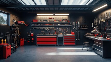 A workshop area with a metal storage cabinet holding tools and equipment.