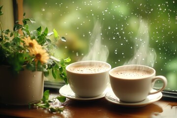 Two cups of steaming tea set on a window ledge, with raindrops streaking the glass