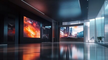 Modern gallery interior with digital displays.