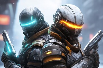 Two cyberpunk characters standing back-to-back in a neon-lit alley, holding futuristic weapons and glowing gadgets