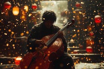 Fototapeta premium A musician plays a cello in a magical, dimly lit setting with glowing lanterns and falling sparks.
