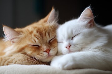 Fototapeta premium Two kittens snuggling together on a soft blanket, their eyes half-closed in contentment