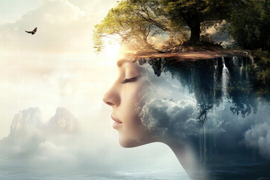 L'esprit humain se fond harmonieusement dans un paysage onirique, symbolisant la s&eacute;r&eacute;nit&eacute; et l'interconnexion vitale avec la nature.