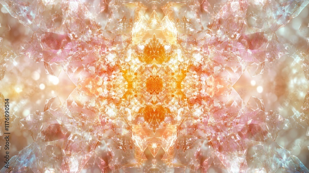 Poster intricate kaleidoscopic pattern of warm colors and sparkling light reflections for background and ab