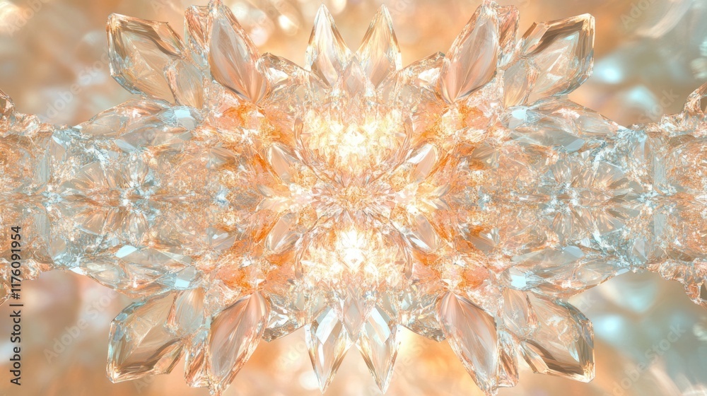 Poster intricate symmetrical pattern of shimmering crystal with soft light reflections, creating a mesmeriz