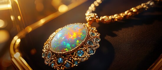 Fototapeta premium Opal necklace with gold and blue gemstones in jewelry box.