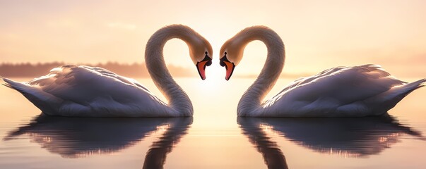 Fototapeta premium Elegant Swans Forming a Heart on Calm Lake Wallpaper Background