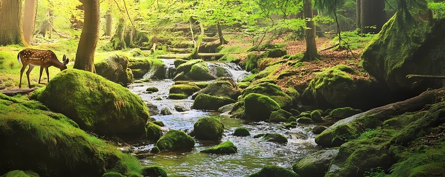 Serene Woodland Glade Wallpaper and Background with Babbling Brook and Mossy Rocks