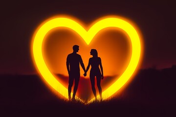 Silhouette of Two People Holding Hands Inside a Glowing Heart Wallpaper Background