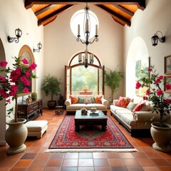 A stunning living room that embodies a bright and inviting atmosphere. Seating Area. Coffee Table. Natural Light. Floral Arrangements. Flooring. Ceiling. Decor.