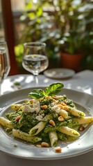 Penne pasta with pesto, pine nuts, and ricotta.