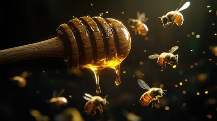 Honey drips from a wooden ladle with bees swarming the nest area and worker bees tasked with finding nectar from blooming flowers