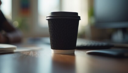 A sleek black coffee cup sits prominently on a polished wooden desk, inviting warmth and comfort. The soft morning light filters through the window, creating a cozy atmosphere perfect for productivity