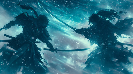 Samurai, Japan, Japanese, ninja, katana, Japanese sword, duel, art, scene, cool, luminous, magic circle, mandala, emotion, sunset, beauty, war, battle, armor, warrior, snow, mountain, Fuji,